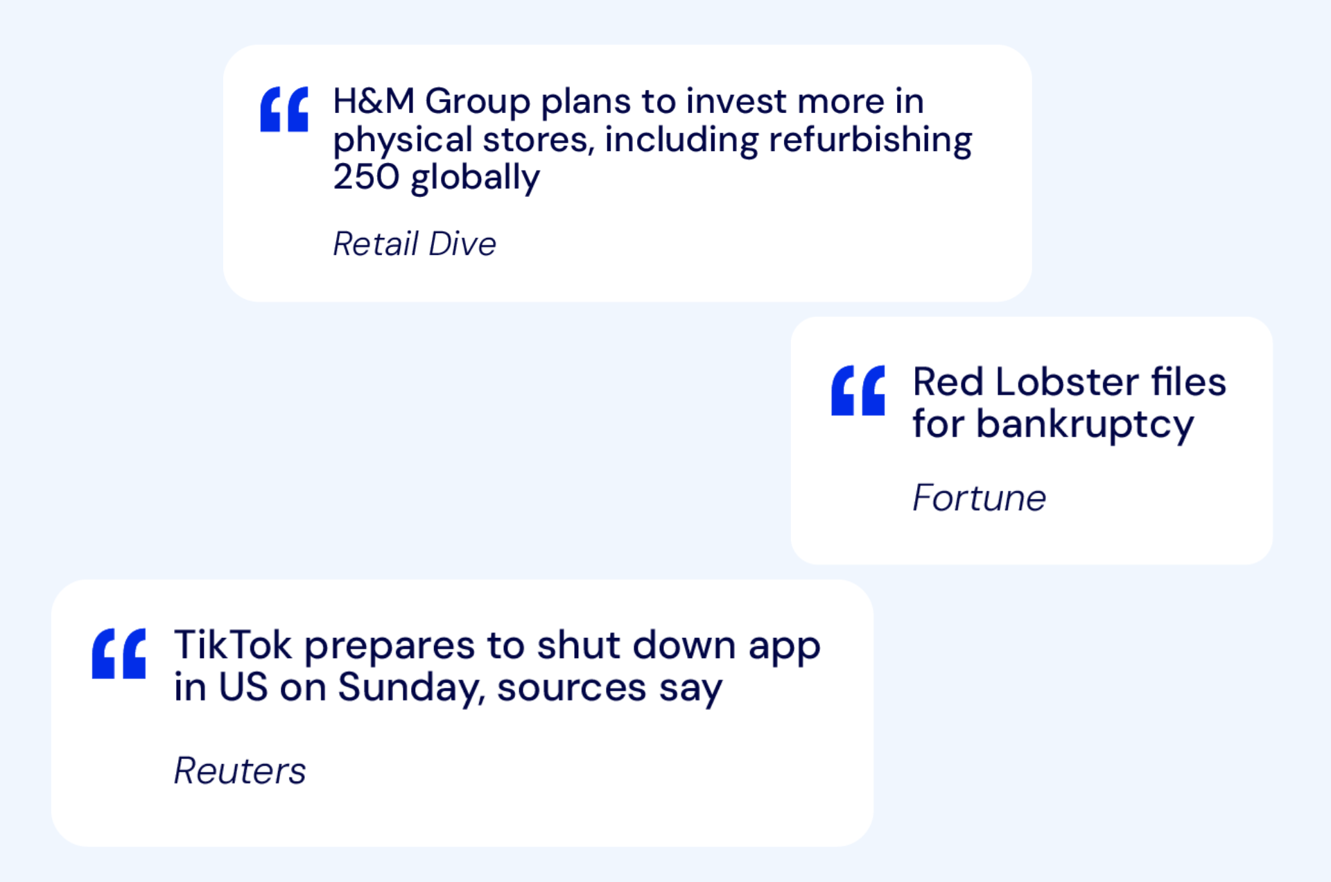 Commercial real estate headlines highlighting tenant risks: H&M investing in physical stores globally, Red Lobster filing for bankruptcy, and TikTok facing a potential US shutdown.